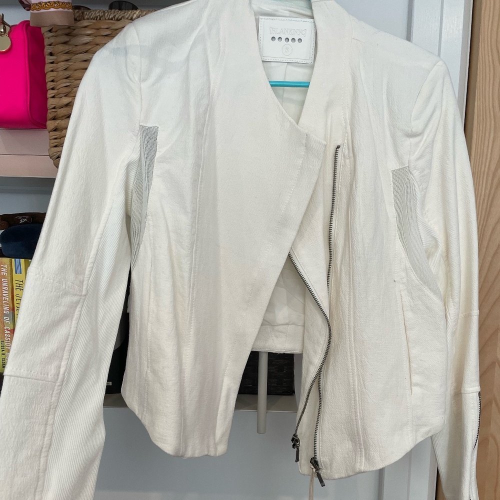 Blank NYC White Crepe Moto Jacket with Mesh Panels